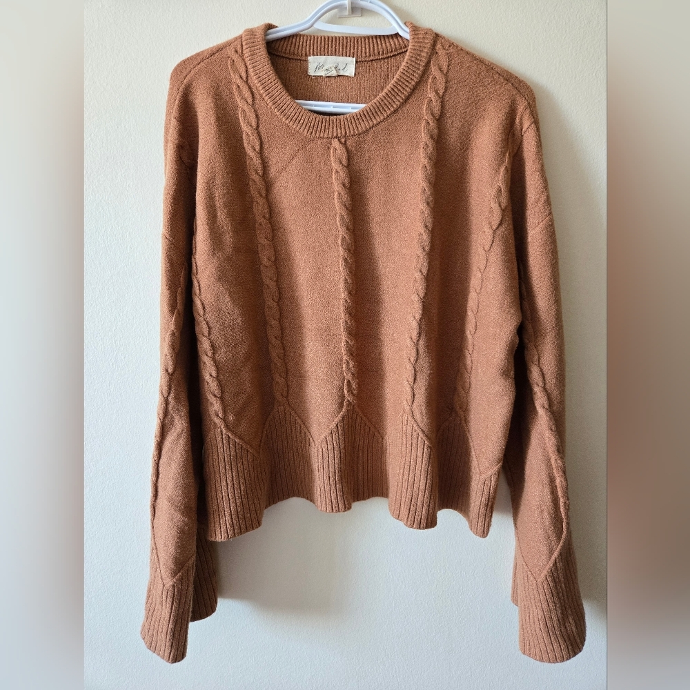 Marled XL Caramel Brown Cropped Sweater Cable Knit With Bell Sleeves